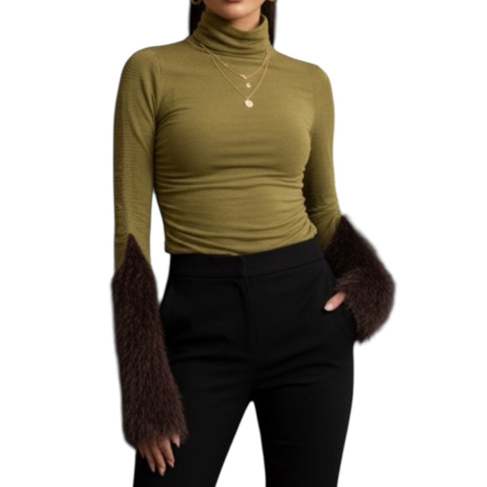 NWT Vitelli Italy Green Cashmere Blend Funnel Neck Sweater Brown Fluffy Muff